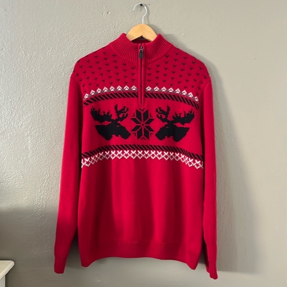 Vintage 90s Chaps Moose Nordic Sweater Men’s L Red 1/4 Zip 100% Cotton - Picture 3 of 15